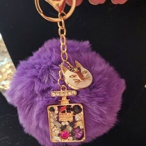 Upcycled CC Purple Pom Pom Fur Rhinestone Keychain Bag Charm  Perfume Bottle